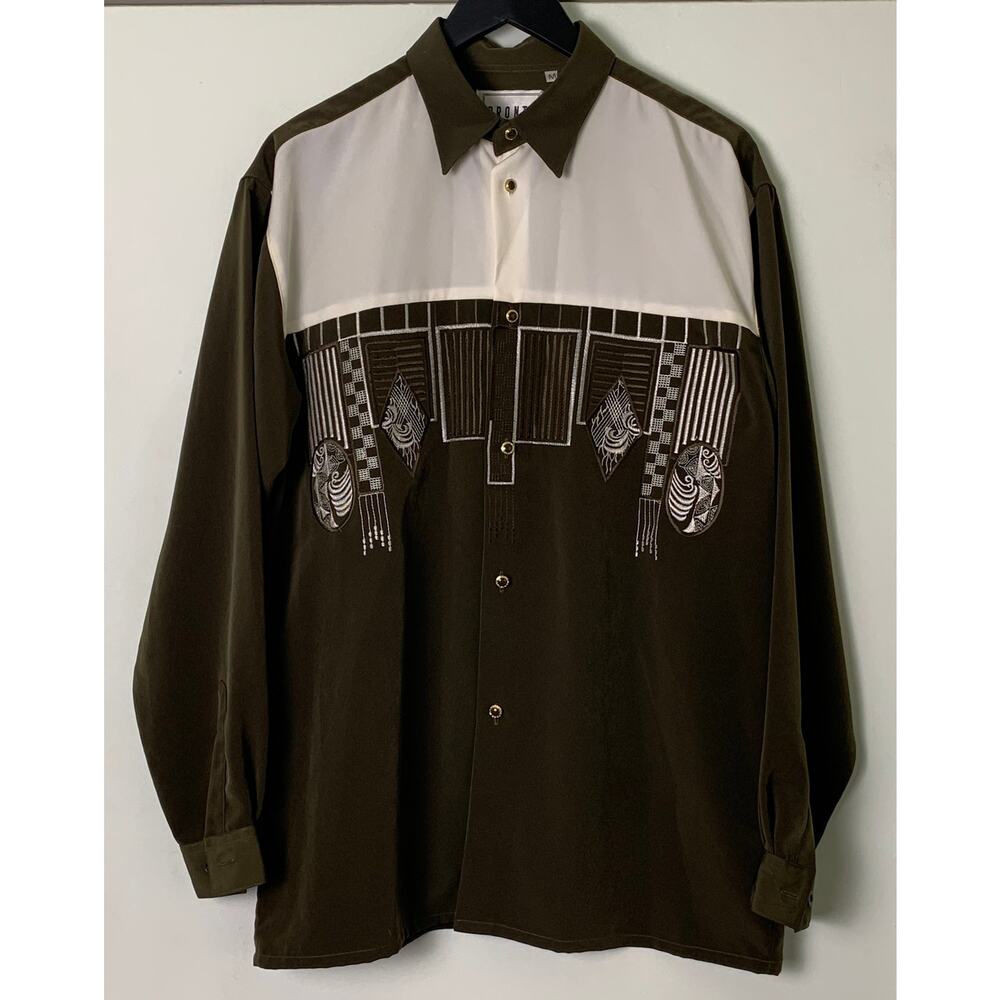 Pronti Collection By Phita Embroidered Button Up Blouse Dark Green Size M